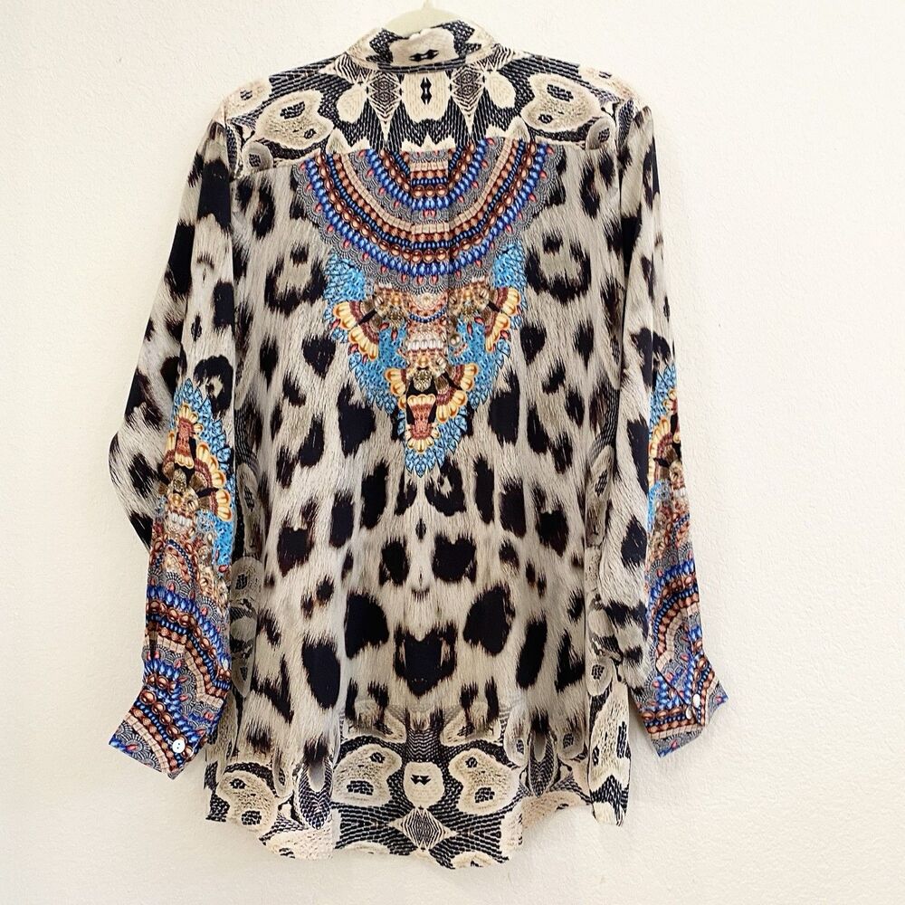 Moda Baronessa Button Up Blouse Multicolor‎ Animal Print 100% Silk Small Tunic - Picture 8 of 10